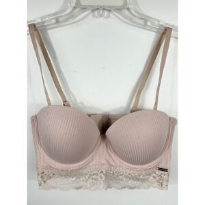 Elegant Tahari Ribbed Lace Trim Balconette Bra 36C Adjustable LOGO Beige‎ Padded